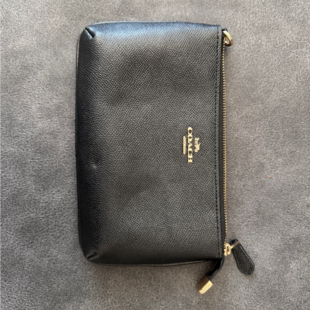 Coach Black Leather Wristlet with Gold Zipper